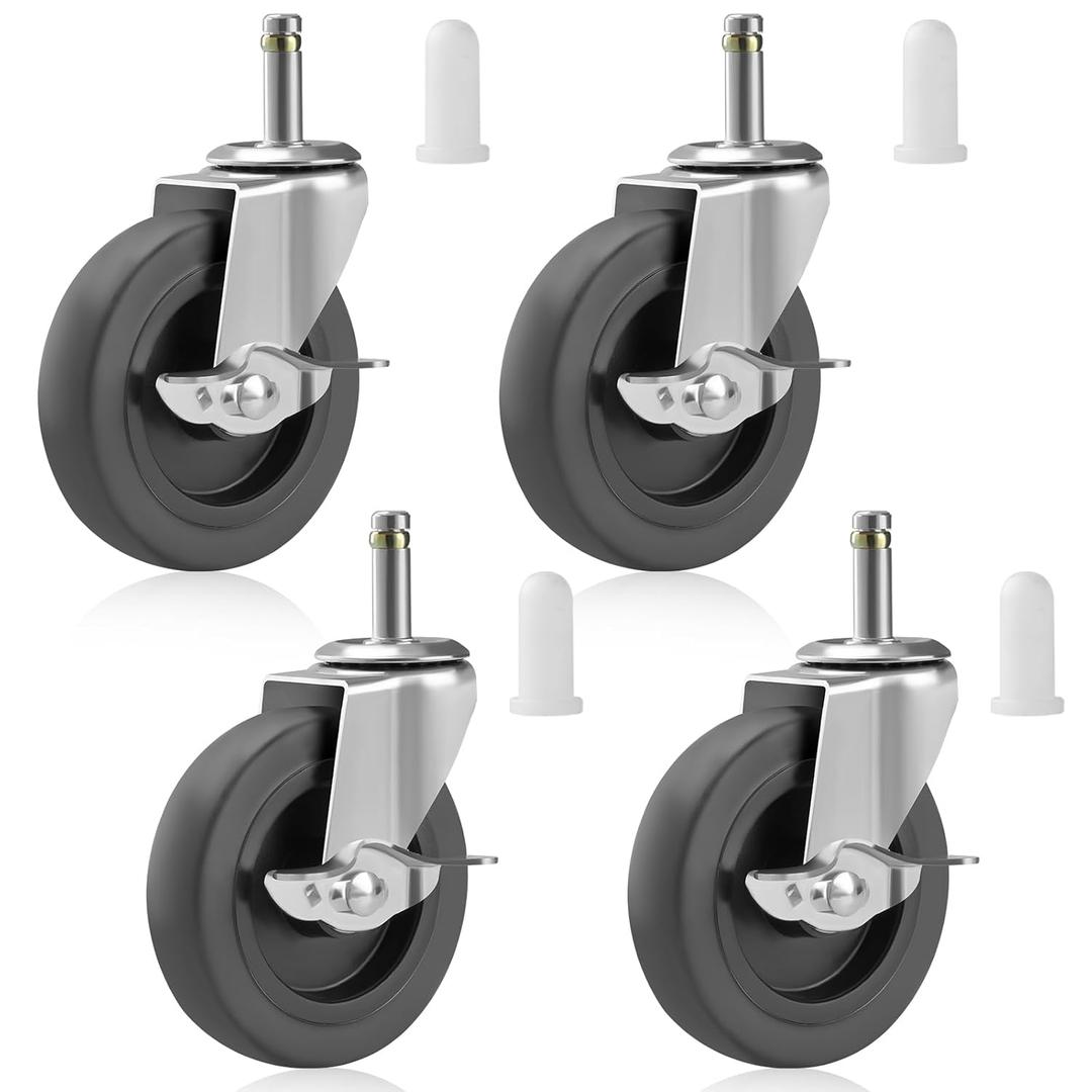 4 Inches Stem Caster Wheels, 7/16-Inch Stem Diameter Swivel Casters Set of 4 with Side Brake, Heavy Duty TPR Replacement Wheels for Utility Cart Rubbermaid Mop Bucket Shop Vac Weber Grills