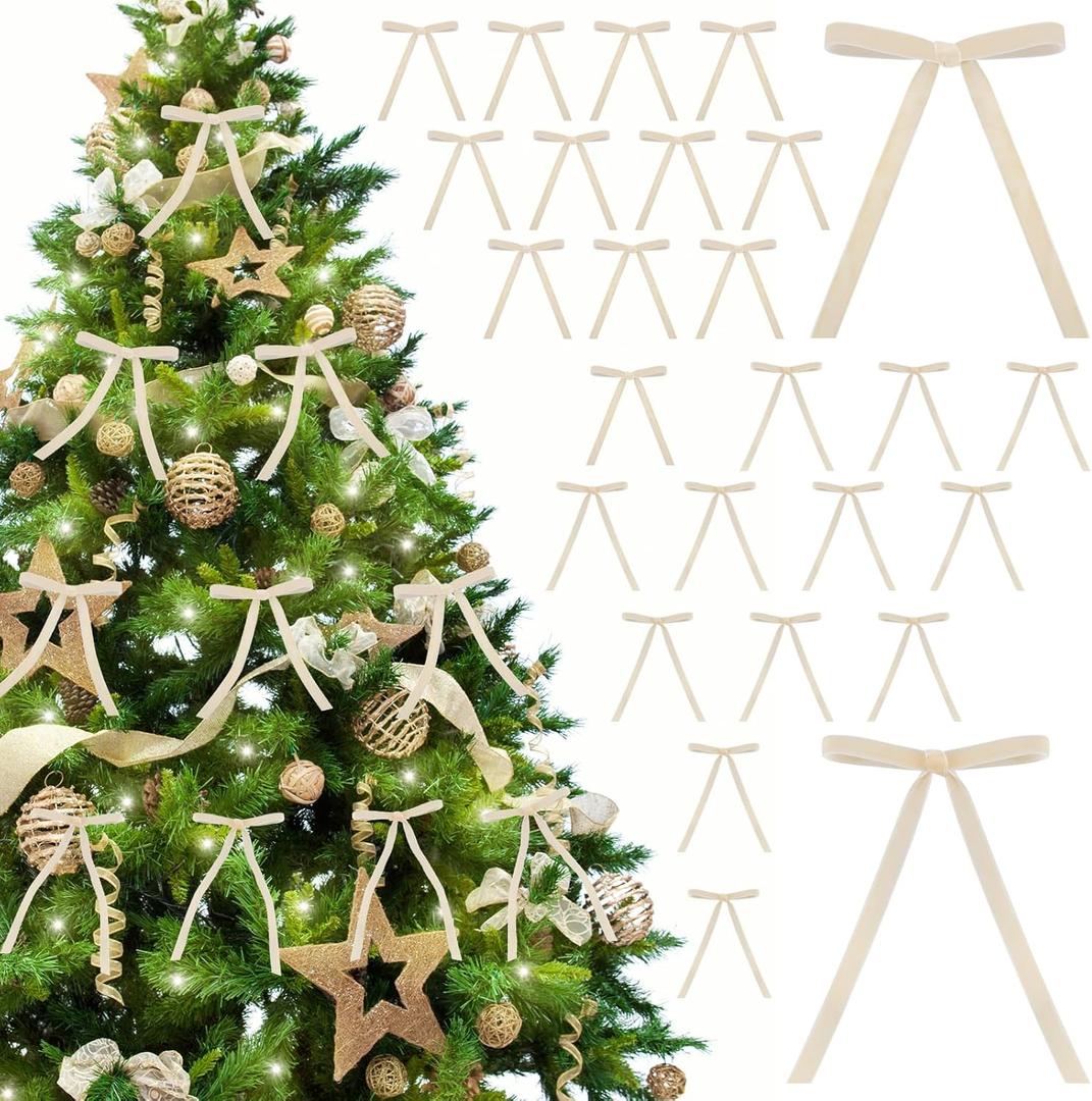 26 PCS Velvet Bows for Christmas Tree, Rustic Craft Gift Velvet Ribbon Flocked Bows for Wreaths, Doors, Garlands, Home Decor, Outdoor and Indoor (Cream)