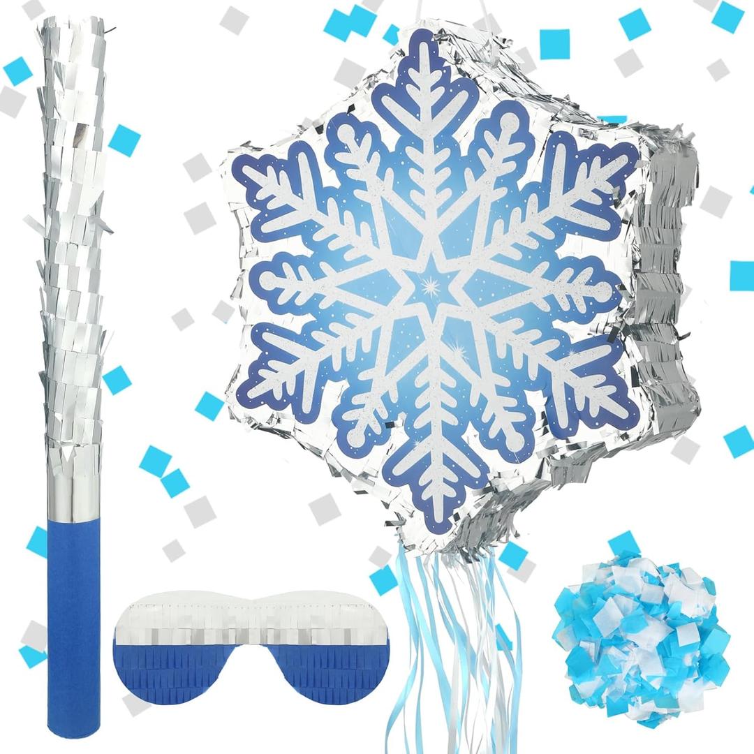 Shappy Winter Piata Snowflake christmas Piata with Blindfold Bat Confetti 13 x 14.5 Inch Snowflake Pull String for Christmas Winter Theme Birthday Party Game Decorations Supply