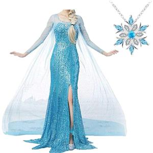 Snow Queen Princess Dress for Women adult Fancy Party Dress Up Halloween Cosplay Costum (X-Large, Blue)
