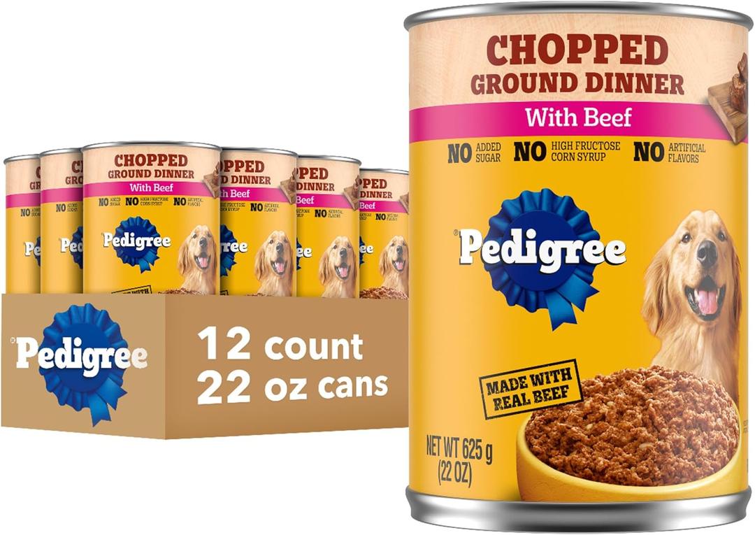 Pedigree Chopped Ground Dinner Adult Soft Wet Dog Food with Beef, Canned Dog Food, 22 oz. Cans, 12 Count (EXP 01/13/28)