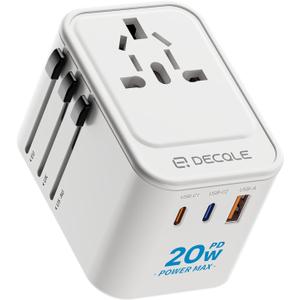 Universal Travel Adapter, International Travel Plug Adapter with 2 USB-C(PD 20W) 1 USB-A Ports, All in One Portable Adaptor, for USA, UK, EU, AU 224+ Countries (White) US