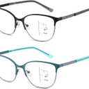 Progressive Multifocal Reading Glasses Women Cat Eye No Line Multifocus Transition Blue Light Reader Lady Metal Frame, Black & Green, 1.75 Diopters