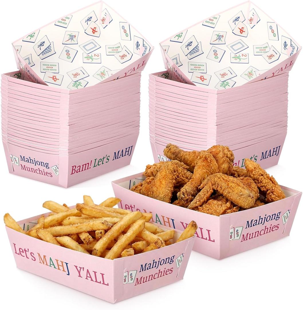 50 Pcs Mahjong Party Supplies Disposable Paper Food Serving Trays Pink Paper Food Trays Bulk for Mahjong-loving Gals Family Play Day Birthday Celebration Game Party Decorations