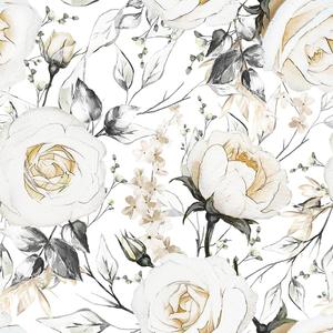 Vintage Pale White/Yellow Floral Peony Flowers Rose Grey Leaf Peel and Stick Wallpaper Easy Peel Off Contact Paper Stick on Adhesive Wall Paper for Bathroom Waterproof Renter Friendly
