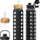 MUKOKO Glass Water Bottles, 64 oz Glass Tumbler with Straw, Drinking Bottles with 2 Lids-Handle Spout Lid & Bamboo Straw Lid, Motivational Water Bottle with Time Marker and Silicone Sleeve, 1 Pack-Black