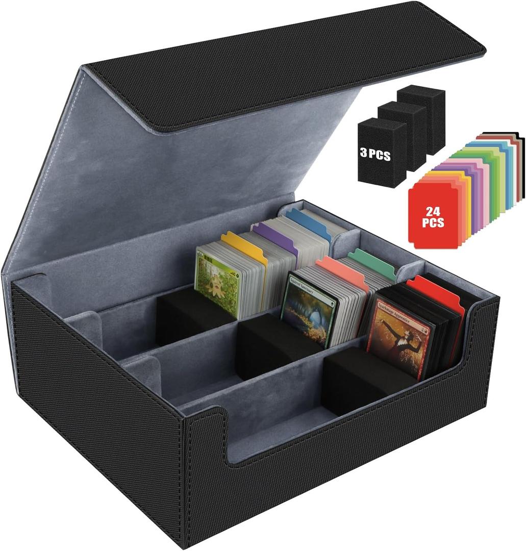 AOBOPLE Trading Card Storage Box,1800+ Card Box Storage with 24 Dividers and 3 Foam Supporters PU Leather Magnetic Cards Deck Case for MTG,TCG, Magic and Sport Cards,Great Gift for Card Collectors (1800+Black Grey)