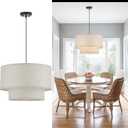 VILUXY Drum Fabric Pendant Light Farmhouse White Chandelier Double Drum Shade Hanging Ceiling Light Fixture 3 Lights Linen for Bedroom Dining Room Living Room Entryway