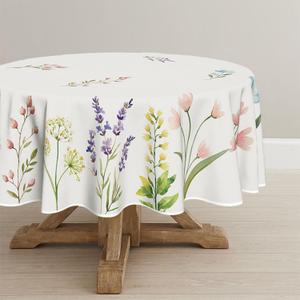 Horaldaily Spring Summer Tablecloth 90x90 Inch Round, Easter Watercolor Wild Flowers Blooming Floral Table Cover for Party Picnic Dinner Decor (White)