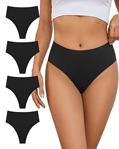GREENBAA No Show High Rise Bikini Panties Women's Seamless Hi Cut Underwear Pack,Black-4Pack,Large