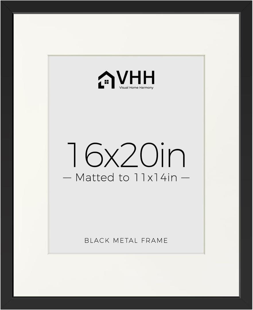 VHH 16x20 Picture Metal Frame with 11x14 Mat,Tempered Glass,Wide Edge, 16x20-1pc-Tempered Glass