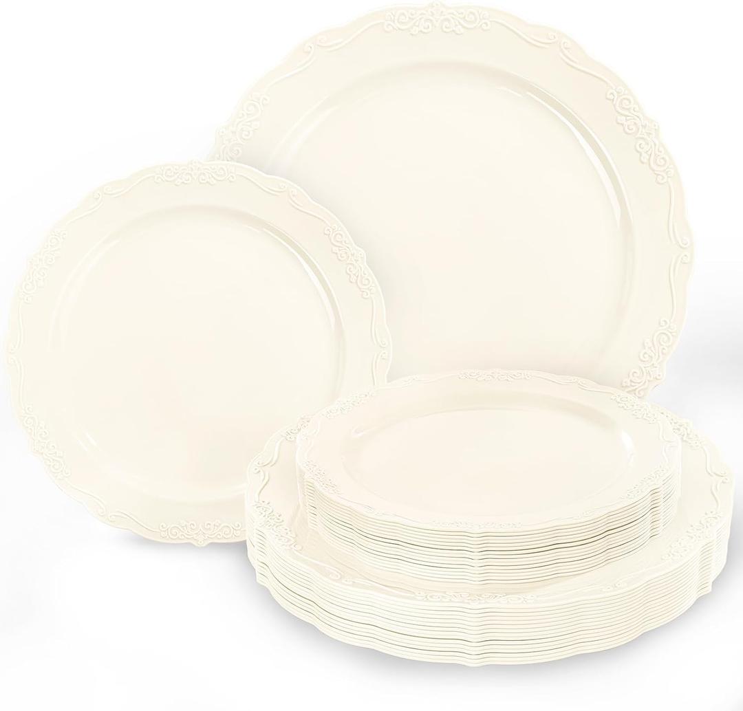 Tinybee 60PCS Ivory Plastic Plates - Heavy Duty Ivory Disposable Plates, Elegant Plastic Plates for Bridal Shower, Wedding and Party Including 30 Dinner Plates 10 '' & 30 Dessert Plates 7.5 ''