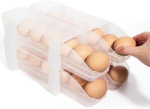 PIUGERU Egg Holder for Fridge, Automatic Rolling Egg Container for Refrigerator for 24 Eggs, Clear Assembled Plastic Egg Storage Dispenser with Lid, Stackable Eggs Organizer