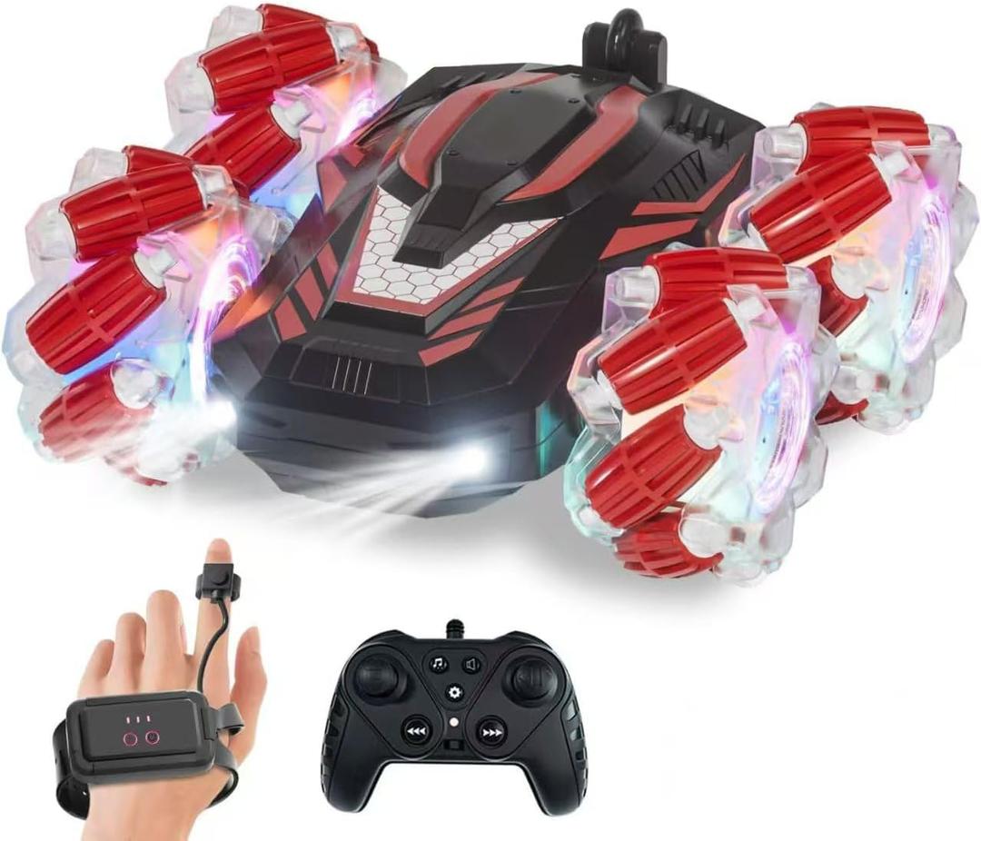 New Gesture Sensing RC Stunt Car with Lights Music, Hand Gesture Remote Control Truck 360 Spins Gifts Toys for 6-12 Years Old Boys (Red)