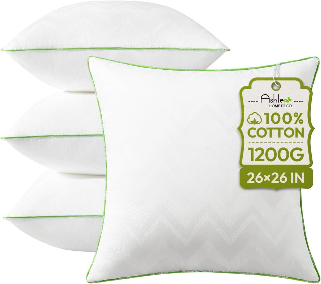 Ashler Throw Pillow Inserts (Pack of 4, White), 26 x 26 Inches Pillow Inserts with 100% Cotton Cover, Indoor Decorative Pillows Inserts for Couch Sofa and Bed
