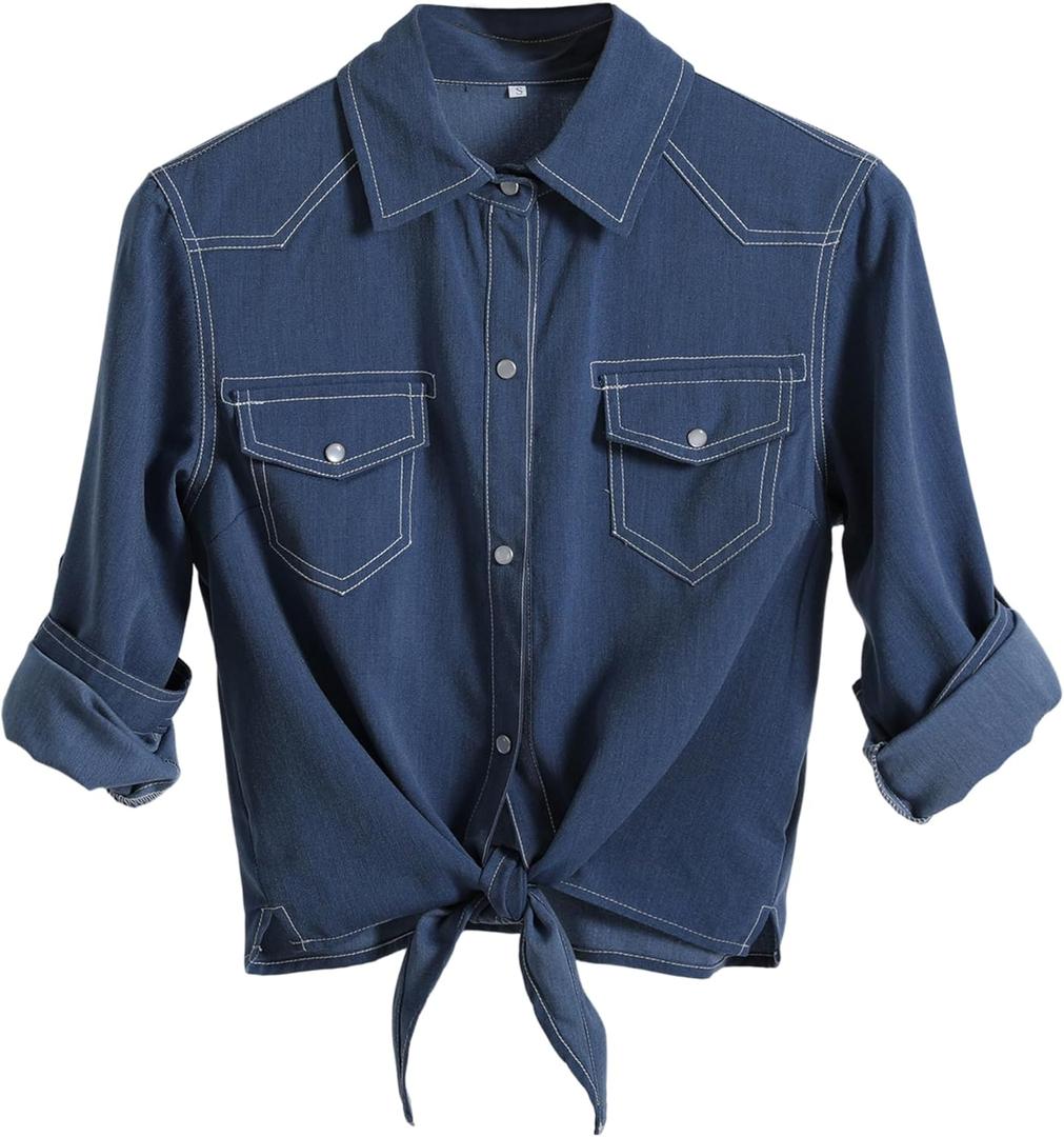 AMEBELLE Women's Roll Up 3/4 Sleeve Tie Front Knot Shirt Chambray Denim Crop Top (XX-Large)