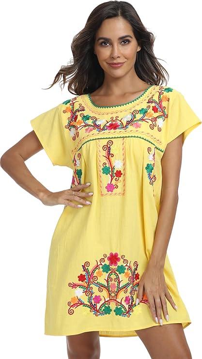 Women Mexican Embroidered Dress Short Sleeve, XL