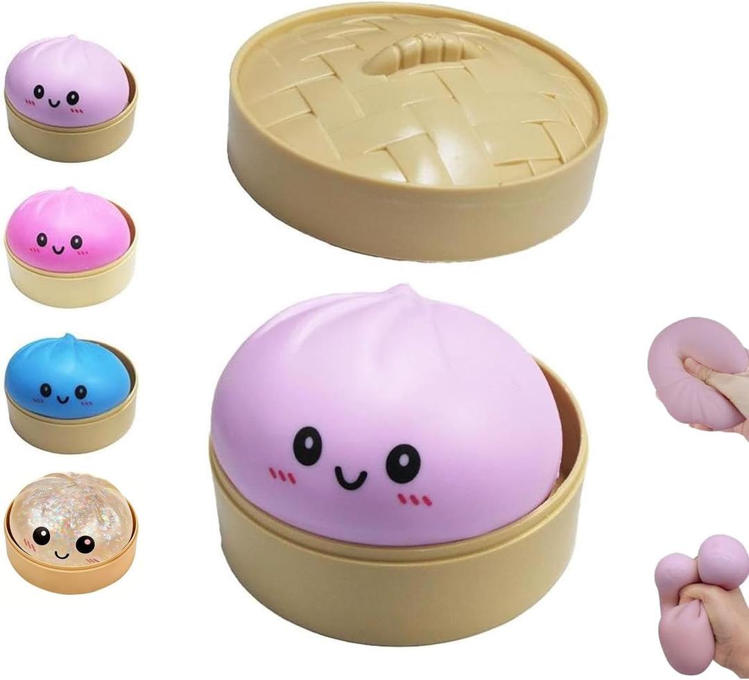 Dumpling Squishies Toy, Giant Glitter Dumpling, Colorful Dumplings Stress Balls Fidget Sensory Toy,Soft Squeeze Decompression Dough with Food Steamer, Stretchy Desk Toys (Purple)