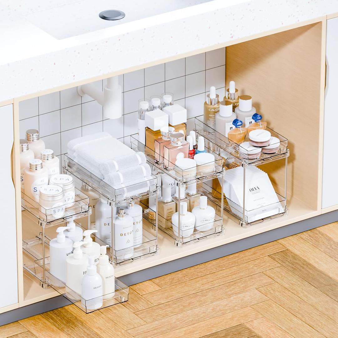 Yieach 4 Set Bathroom Organizers and Storage,2 Tier Clear Under Sink Organizer and Medicine Cabinet Organizer for Kitchen,Pantry Storage,Pull Out Drawers for Skincare,Pill Bottle,Spice Organization