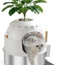 Hidden Litter Box, Stainless Steel Litter Box with Faux Plant Decor, Litter Box Enclosure with Clear Front Door, Includes Scoop & Litter Mat, Odor Control, Easy to Clean (White)