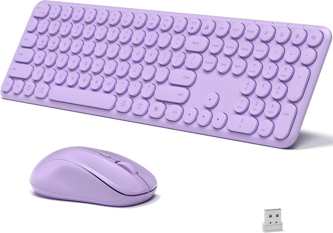 Wireless Keyboard and Mouse Combo, 110 Round Quiet Keys, Adjustable Optical Mouse, Share 1xUSB Receiver, Power Switch, for Windows Mac(Purple)
