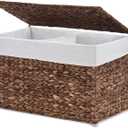 Storage Basket with Lid, Woven Wicker Shelf Basket with Removable Liner, Metal Frame Rattan Storage Trunk with Handle for Laundry, Bedroom, Living Room, Office(Espresso, 95L)