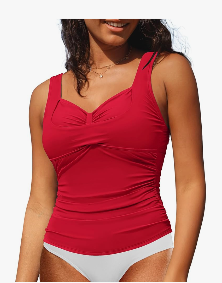 GRAPENT Tankini Tops for Women Modest Swimsuits Ruched Beach Padded Adjustable Strap Swimwear Bathing Suit Swim Top Only, Size XL