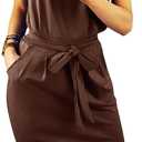PRETTYGARDEN Women's Summer Short Sleeve Crewneck Striped Dress Basic Solid Tie Waist Office T Shirt Dresses Pockets(Coffee,Small)