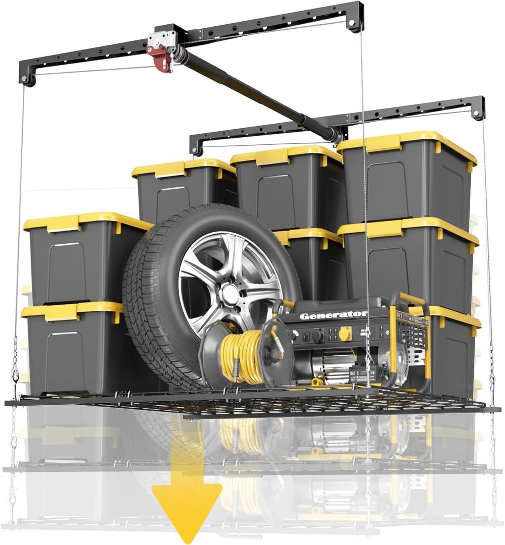 Overhead Garage Storage Rack for 10-12 ft Ceiling, Heavy-duty 4x4 FT Garage Ceiling Storage Racks with Safety Lock, Ideal for Storage Mounted Lift System and Storage Organizer, 250lbs Capacity