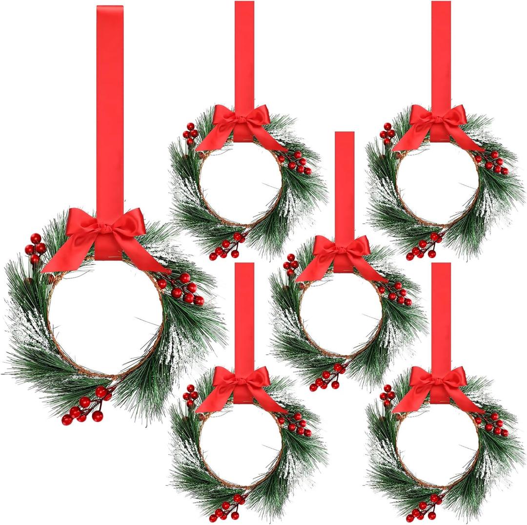 Crowye 6 Pcs Small Mini Christmas Cabinets Wreaths for Kitchen with Ribbon 10'' Hanging Artificial Green Leaves Decor Berry for Window Front Door Kitchen Wall Decor (Red)