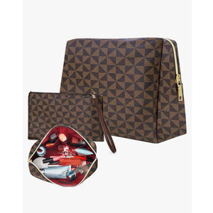 Leather Checkered Makeup Bag, 2 Pack Portable Cosmetic Bag, Large Capacity Waterproof Travel Toiletries Bag for Women, Christmas Gifts