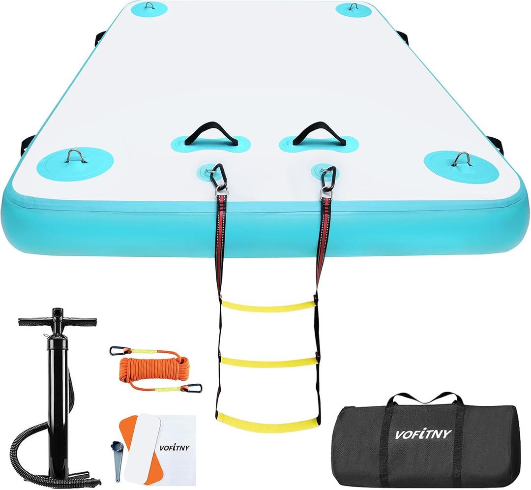 Inflatable Floating Dock Air Platform Multi-Person Swim Water Mat with Rope Ladder, None-Slip Surface for Pool Lake Beach (8ft x 6ft x 6in, Cyan)