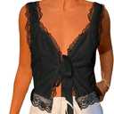 SOLY HUX Women's Y2k Lace Trim Open Tie Front Tank Top V Neck Sleeveless Tops (Plain Black) XL