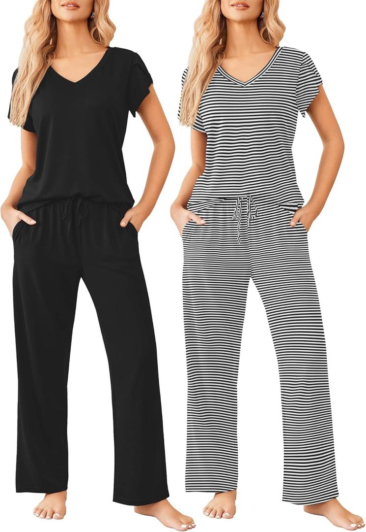 Ekouaer 2 Pack Womens Pajamas Short Sleeve Sleepwear Top with Pants Super-Soft Printed Lounge Sets S-XXL (Large)