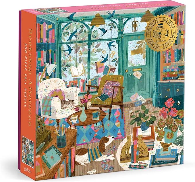 Galison Bookshop Afternoon – 500 Piece Foil Puzzle Fun and Challenging Activity with Bright and Bold Bookshop Themed Artwork for Adults and Families