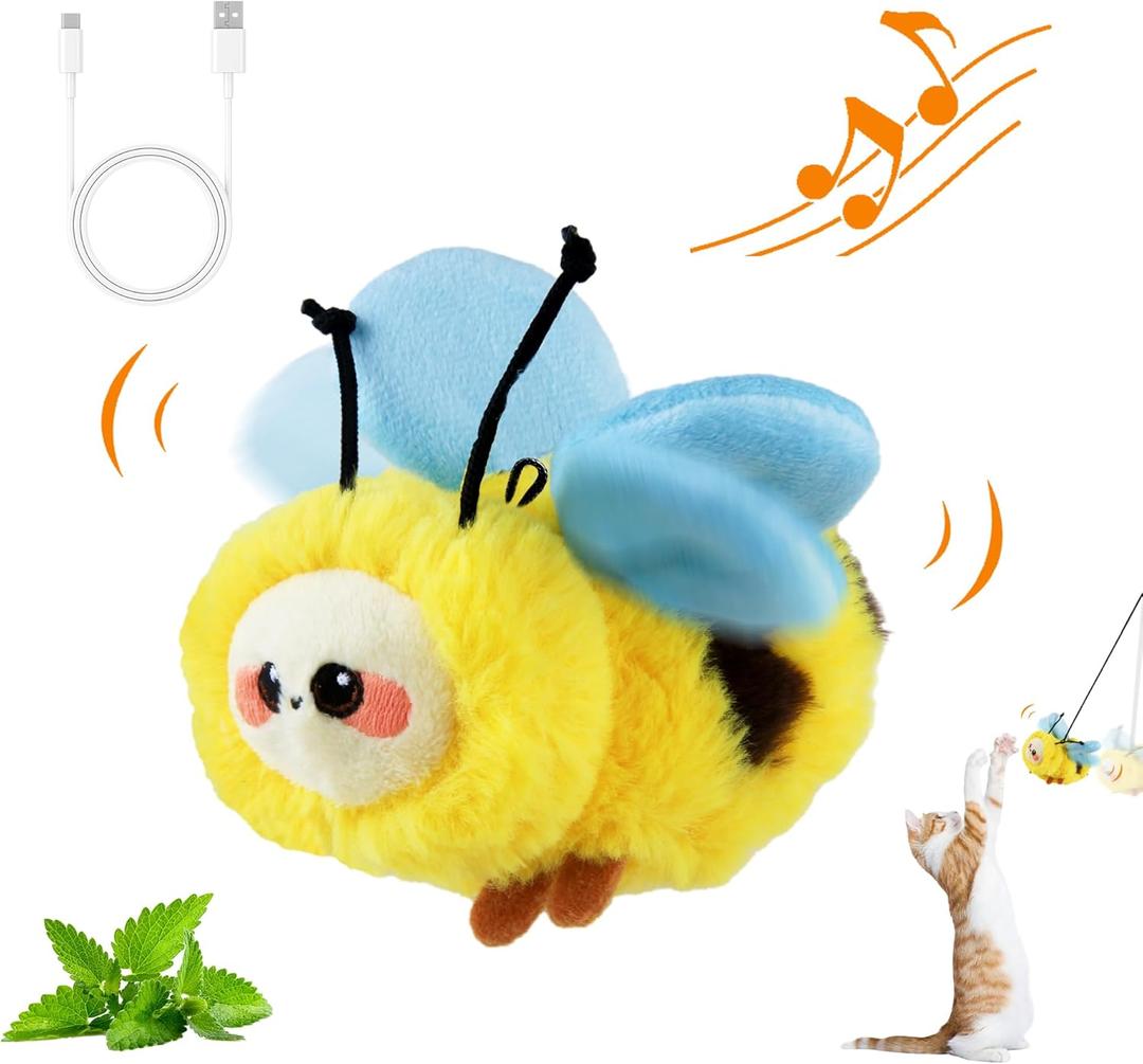 Gigwi Flapping Interactive Cat Toy, Automatic Simulated Chirping Cat Toy, Electric Rechargeable Catnip Cat Enrichment Toys for Indoor Cats, Touch Activated Kitten Toy Bee Design