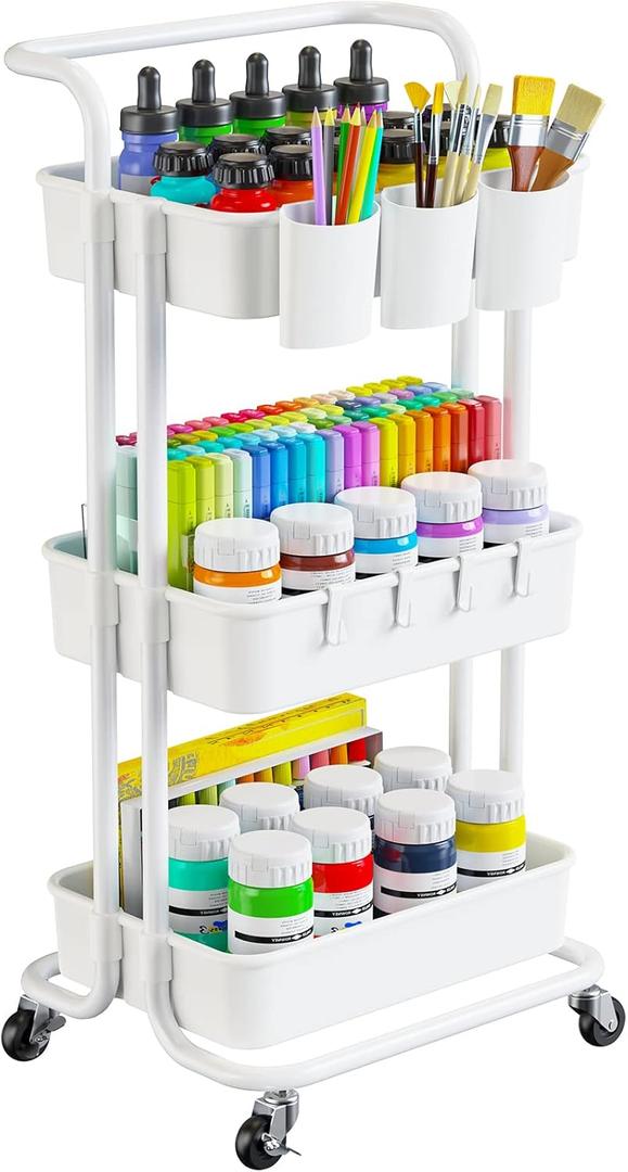 Pipishell 3 Tier Rolling Cart - Art & Craft Organizer Cart with Hanging Cups & Hooks - White Metal Storage Carts with Wheels Perfect for Craft Room, Office, Kitchen, Bedroom, Bathroom, Laundry Room