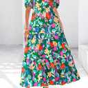 dowerme Womens Summer Dresses 2026 Casual Puff Short Sleeve V Neck Floral Boho Tiered Ruffle Maxi Dress with Pockets (S, Green Orange Flower)