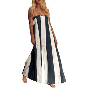Ythomm Womens Striped Wide Leg Jumpsuits Boho Strapless Long Romper Off Shoulder Summer Jumpsuits One Piece Travel Outfits (S)