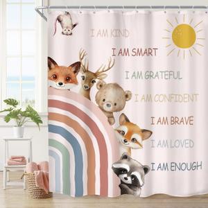 Imirell Kids Boho Rainbow Animal Shower Curtain 60Wx72H Inches Inspirational Quotes Cute Safari Woodland Sun Colorful Boys Girls Children Cartoon Fabric Waterproof Polyester with 12 Pack Hooks Plastic