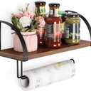Paper Towel Holder Wall Mount Farmhouse Wood Paper Towel Holder with Shelf Hanging Paper Towel Roll Rack Under Cabinet Spice Rack for Kitchen Bathroom Organizer Rustic Brown