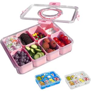 Snackle Box Container, 8 Compartment Divided Serving Tray with Lid and Handle, Snack Box Container for Candy, Detachable and Easy to Clean Fruit Candy Box Party Entertaining Picnic