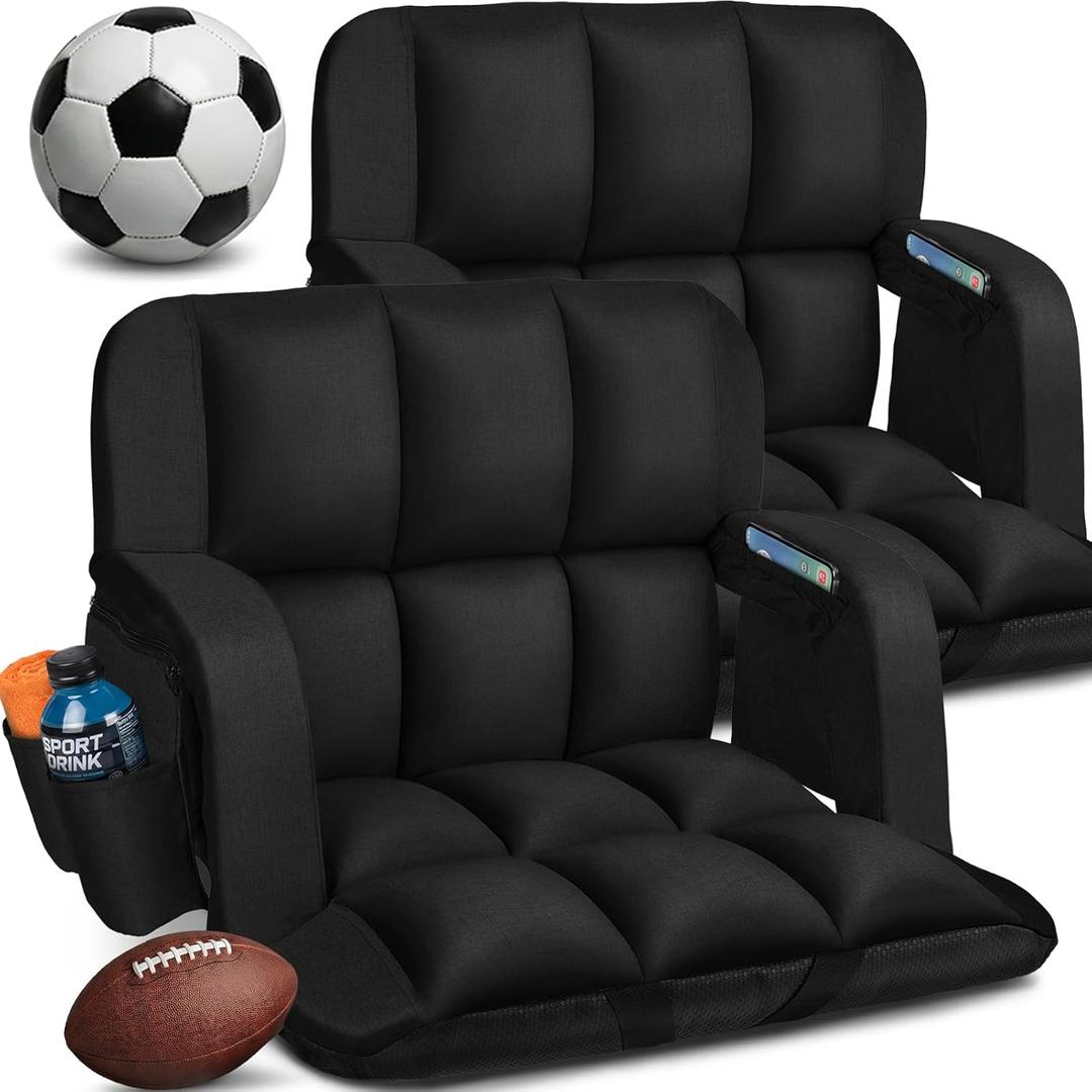 Stadium Seats with Back Support 2 Pack, 12-Grid Ergonomic 4.7" Thick Bleacher Chairs for All-Day Comfort, 6 Reclining Positions, Portable Extra Wide Adjustable Stadium Chair for Football & Baseball, Wide|22.5"|2 Pack