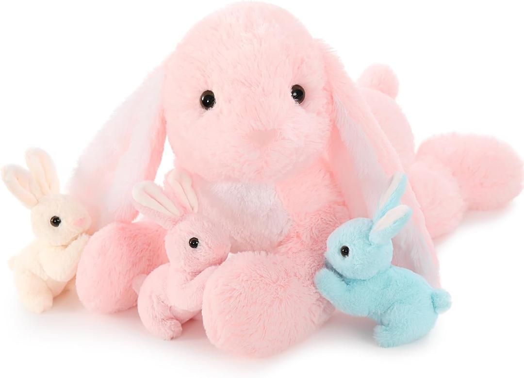 Big Pink Bunny Stuffed Animal 24" - Large Easter Stuffed Bunny Rabbit Plush Toy Gifts for Girls Baby - Plushy Mommy Bunny Surprise with 3 Babies Inside