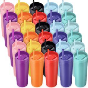30 Pcs Bulk Skinny Tumblers with Lids and Straws 16 oz Matte Pastel Colored Plastic Mugs Reusable Double Wall Tumbler Cups for Home School Office Birthday Parties Vinyl DIY Gifts, 10 Assorted Colors, 2.76 inches x 8.35 inches