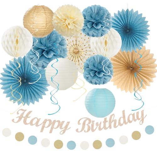 Light-Dusty Blue Beige-Champagne Women Birthday-Decorations - 21pcs Boho Neutral Happy Banner Garland, Paper Streamers Lanterns, Flower Tissue Pom Poms Fan Supplies, Wall Backdrop Party Decor Huglony