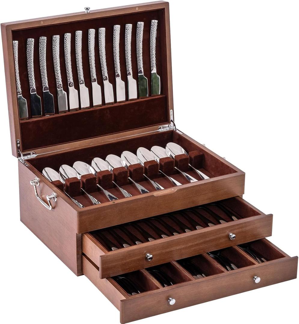 Silverware Storage Box with Lid Three-layer, Flatware Storage Case with Handle, Silverware Chest Boxes for Flatware Organizer for Silver