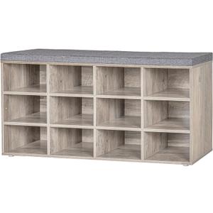 DINZI LVJ Shoe Storage Bench with Cushion, Cubby Rack with 12 Cubbies, Adjustable Shelves, Multifunctional Organizer Bench for Entryway, Mudroom, Hallway, Closet and Garage, Greige