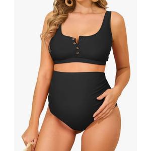 Zando Maternity Swimsuit High Waisted Bikini Set Button Down Maternity Bathing Suit 2 Piece Swimsuit for Women, Black, 2XL