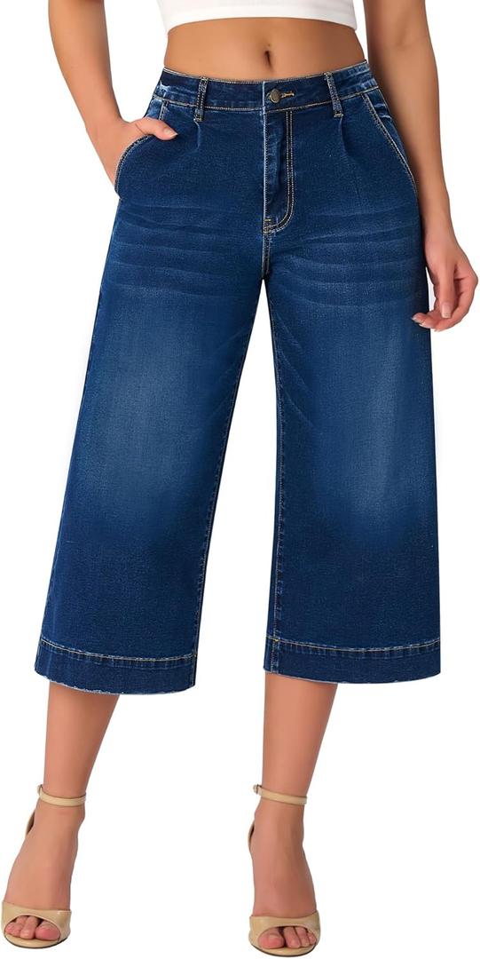 roswear Capri Jeans for Women Wide Leg Stretchy High Waisted Loose Denim Pants (Large, Blue)